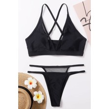 Kadın Siyah File Detaylı Özel Bikini Takımı