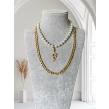 Ikili Zincir ve Incili Yılan Uçlu Bijuteri Kolye