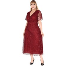 Kruvaze Yaka Büyük Beden Payetli Bordo Abiye Elbise 4E-2680