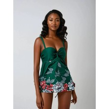 Kadın Zümrüt Yeşili Çiçek Desenli Elbise Model  Slipli Tankini HZL24S-LC4009