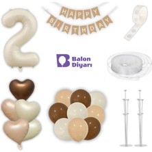 Balon Diyarı Retro Doğum Günü Parti Seti – Krem Rakam Folyo, Kraft Banner, 3'lü Kalp Folyo ve Lateks Balonlar