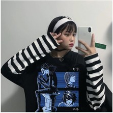 Anime Death Note Shinigami Ryuk (Unisex) Siyah Beyaz Çizgili Kollu T-Shirt