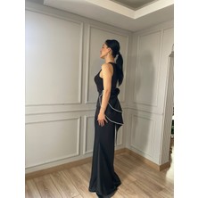 Siyah Saten Uzun Balık Fiyonk Detaylı Etek