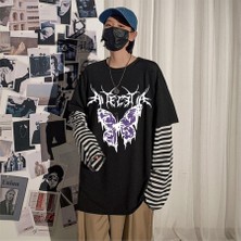 Gloomy Butterfly Siyah (Unisex) Çizgili Kollu T-Shirt