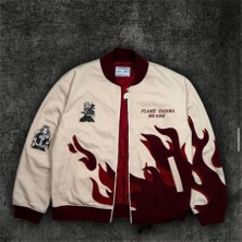 Bej Anime Flame Hashira Kyojuro Rengoku Unisex Bomber Ceket