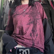 Kırçıllı Bordo Vintage Ancient Cross Cyber Grunge Ince Sweatshirt