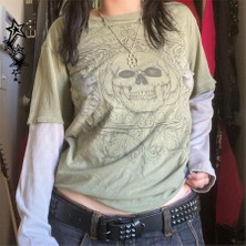 Haki Vintage Beyaz Kollu Skull Table Cyber Grunge Ince Sweatshirt