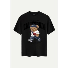 Unisex Bisiklet Yaka %100 Organik Pamuklu Kalın Dokulu California Baskılı Oversize T-Shirt - Siyah