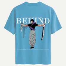 Softway Unisex Bisiklet Yaka %100 Organik Pamuklu Kalın Dokulu Behind Baskılı Oversize T-Shirt - Mavi