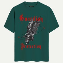 Softway Unisex Bisiklet Yaka %100 Organik Pamuklu Kalın Dokulu Guardian Protection Baskılı Oversize T-Shirt - Koyu Yeşil