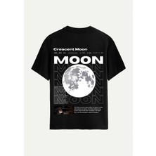 Softway Unisex Bisiklet Yaka %100 Organik Pamuklu Kalın Dokulu Moon Baskılı Oversize T-Shirt - Siyah