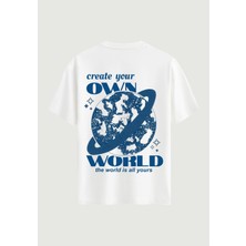 Softway Unisex Bisiklet Yaka %100 Organik Pamuklu Kalın Dokulu Own World Baskılı Oversize T-Shirt - Beyaz