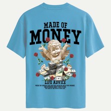 Softway Unisex Bisiklet Yaka %100 Organik Pamuklu Kalın Dokulu Made Of Money Baskılı Oversize T-Shirt - Mavi