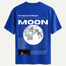 Unisex Bisiklet Yaka %100 Organik Pamuklu Kalın Dokulu Moon Baskılı Oversize T-Shirt - Saks Mavisi