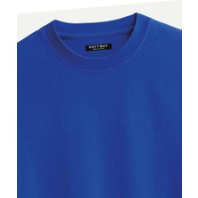 Unisex Bisiklet Yaka %100 Organik Pamuklu Kalın Dokulu Moon Baskılı Oversize T-Shirt - Saks Mavisi