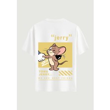 Softway Unisex Bisiklet Yaka %100 Organik Pamuklu Kalın Dokulu Jerry Baskılı Oversize T-Shirt - Beyaz