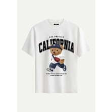 Softway Unisex Bisiklet Yaka %100 Organik Pamuklu Kalın Dokulu California Baskılı Oversize T-Shirt - Ekru