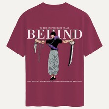 Softway Unisex Bisiklet Yaka %100 Organik Pamuklu Kalın Dokulu Behind Baskılı Oversize T-Shirt - Bordo