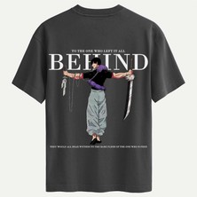 Softway Unisex Bisiklet Yaka %100 Organik Pamuklu Kalın Dokulu Behind Baskılı Oversize T-Shirt - Füme