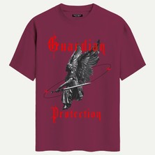 Softway Unisex Bisiklet Yaka %100 Organik Pamuklu Kalın Dokulu Guardian Protection Baskılı Oversize T-Shirt - Bordo