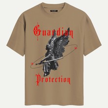 Softway Unisex Bisiklet Yaka %100 Organik Pamuklu Kalın Dokulu Guardian Protection Baskılı Oversize T-Shirt - Açık Kahverengi