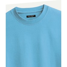 Unisex Bisiklet Yaka %100 Organik Pamuklu Kalın Dokulu Moon Baskılı Oversize T-Shirt - Mavi