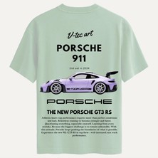 Unisex Bisiklet Yaka %100 Organik Pamuklu Kalın Dokulu Porsche 911 Baskılı Oversize T-Shirt - Bej