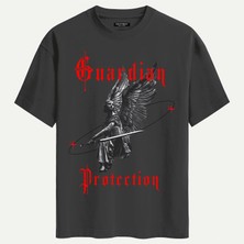 Softway Unisex Bisiklet Yaka %100 Organik Pamuklu Kalın Dokulu Guardian Protection Baskılı Oversize T-Shirt - Füme