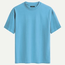 Unisex Bisiklet Yaka %100 Organik Pamuklu Kalın Dokulu Mcqueen Baskılı Oversize T-Shirt - Mavi