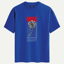 Softway Unisex Bisiklet Yaka %100 Organik Pamuklu Kalın Dokulu Rose Baskılı Oversize T-Shirt - Saks Mavisi