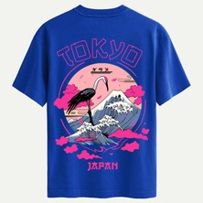 Softway Unisex Bisiklet Yaka %100 Organik Pamuklu Kalın Dokulu Tokyo Baskılı Oversize T-Shirt - Saks Mavisi