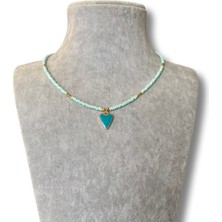 Açık Mavi Mini Boncuklu Mavi Kalp Uçlu Kolye