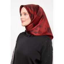 Bordo Soyut Gül Desen Twill Ipek Eşarp