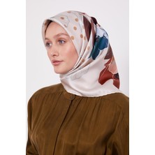 Pudra Lotus Çiçek Desen Twill Ipek Eşarp