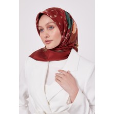 Bordo Lotus Çiçek Desen Twill Ipek Eşarp