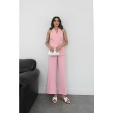 Pembe Hillary Boyundan Askılı Yelek Pantolon Takım