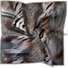 Gümüş Karışık Leopar Desen Twill Ipek Eşarp