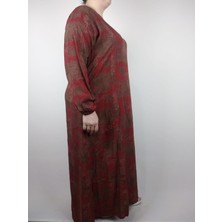 Kadın Kiremit Beşgen Yaka Uzun Kollu Kol Bilek Lastikli Yazlık Viskon Uzun Anne Elbise 2 cm Suya Çeker