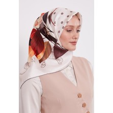 Bej Lotus Çiçek Desen Twill Ipek Eşarp