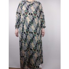 Kadın Bej Yeşil Beşgen Yaka Uzun Kollu Kol Bilek Lastikli Yazlık Viskon Uzun Anne Elbise 2 cm Suya Çeker