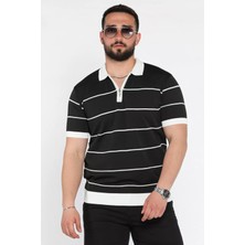 Mishar İtalia Erkek Polo Yaka Yarım Fermuarlı Çizgi Desenli Triko Tişört P-00016752