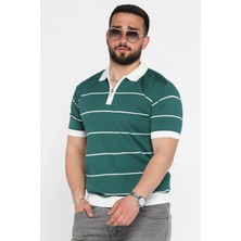 Erkek Polo Yaka Yarım Fermuarlı Çizgi Desenli Triko Tişört P-00016752