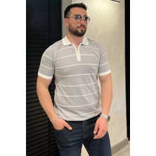 Mishar İtalia Erkek Polo Yaka Yarım Fermuarlı Çizgi Desenli Triko Tişört P-00016808