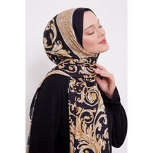 Siyah-Gold Varak Desen Love Şal