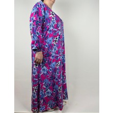 Kadın Mavi Pembe Beşgen Yaka Uzun Kollu Kol Bilek Lastikli Yazlık Viskon Uzun Anne Elbise 2 cm Suya Çeker