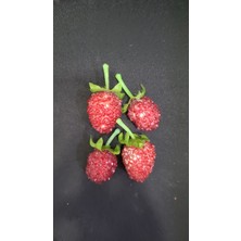 Mini Yapay Çilek Obje 4'lü Yeşil Saplı Kırmızı Ucuz Meyve Noel Stamen