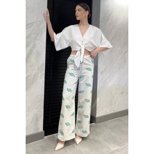 Kadın Bel Lastikli Nakışlı Yüksek Bel Keten Pantolon P-00016601