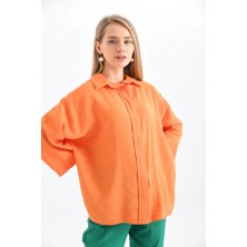 23033 Orange Yakalı Fakir Kol Düğmeli Uzun ve Geniş Model Gömlek
