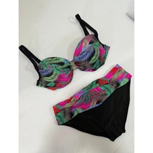 Kadın Siyah Çok Renk Desenli  Astarlı Büyük Beden Bikini Takımı HZL25S-LC06