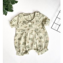 Minicixbebe Müslin Kumaş Haki Fiyonklu ve Çiçek Desenli Kız Bebek Yazlık Tulum